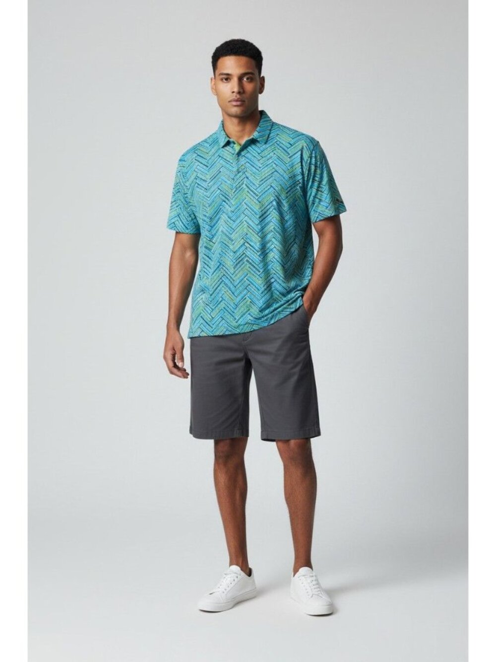 IBKUL Polo Shirt Men L Blue Green Turquoise Big Herringbone Ice UPF 50 Stretch